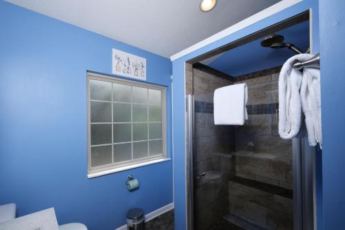 a blue bathroom with a shower and a window at Steps away from PF parkway, pet friendly, hot tub! in Pigeon Forge
