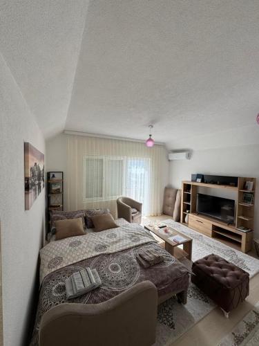 a bedroom with a bed and a living room at Apartment Mountain Paradise Plav in Plav