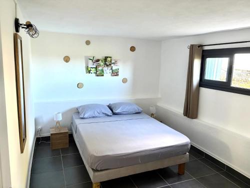 un dormitorio con una cama y una ventana en Maison spacieuse avec piscine à Sainte-Anne, 250 m², en Sainte-Anne