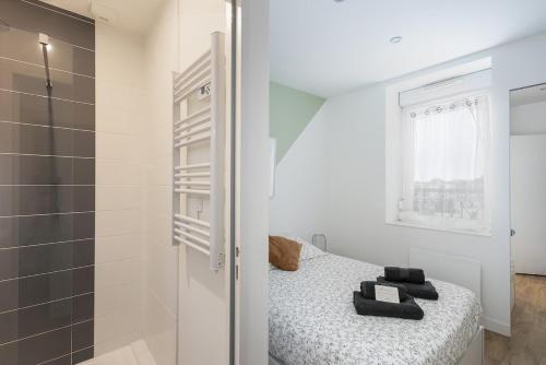 een kleine badkamer met een bed en een douche bij T3 Le Foudroyant in Brest