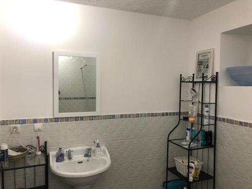 une salle de bain avec un lavabo et un miroir dans l'établissement Ash Fountain Gardens, à Sarlat-la-Canéda