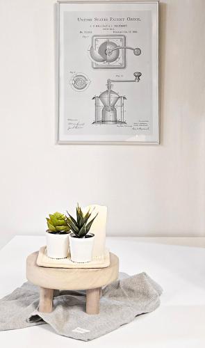 a cake on a wooden table with two potted plants at Lucky Vicky House in Seoul
