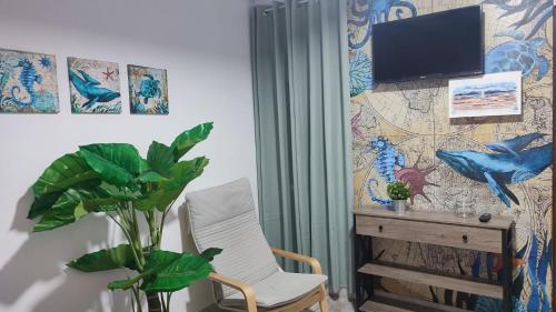 Una habitación con una silla y un televisor en la pared. en Apartamento Pacífico, en Chipiona