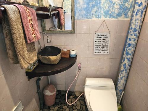 a bathroom with a toilet and a mirror at Lovina Loca in Lovina
