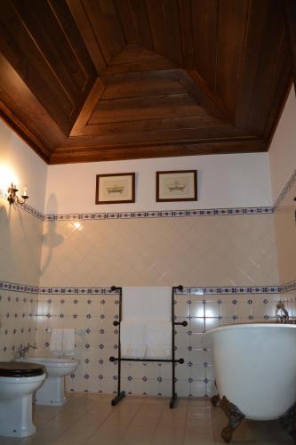 a bathroom with a tub and a toilet and a sink at Solar dos Correia Alves in Moimenta da Beira
