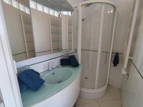 une salle de bain avec un lavabo et une douche dans l'établissement Studio C28, Héliopolis C au village naturiste, au Cap d'Agde