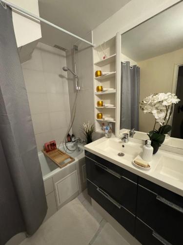une salle de bain avec un lavabo, une douche et une baignoire dans l'établissement Amy, à Paris