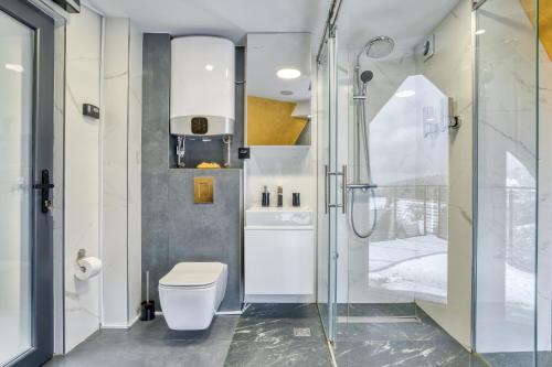a bathroom with a shower and a toilet and a sink at Diamond Hill Veselić in Divčibare