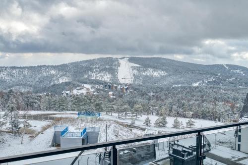 a view of a snow covered mountain from a balcony at Diamond Hill Veselić in Divčibare