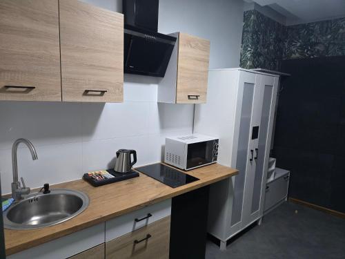 a small kitchen with a sink and a microwave at Eldom-NOCLEGI, Kolejowa 15 Wągrowiec in Wągrowiec