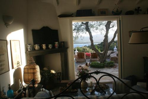 - un salon avec une porte donnant sur une terrasse avec un chien dans l'établissement Casetta indipendente con vista a Santa Giulia, à Porto-Vecchio