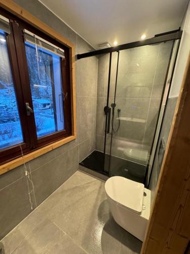 une salle de bain avec douche et toilettes et une fenêtre dans l'établissement Apartment L Haut Sapin, sleeps 8, à Morzine