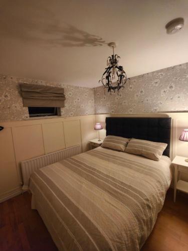 a bedroom with a bed and a chandelier at Teach Baile í nDún Geimhin in Dungiven