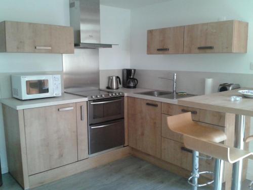 une cuisine avec une cuisinière et un micro-ondes dans l'établissement Gite de la Bastide de Mongiraud - à Proximité de Nombreux Sites Touristiques - Bassin D'Arcachon et Châteaux, à Blanquefort