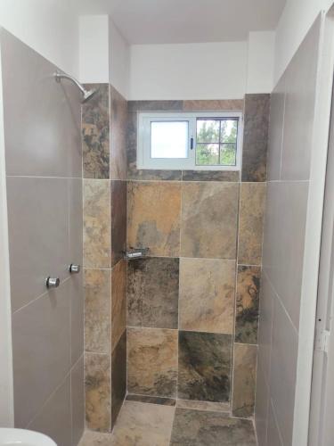 a bathroom with a shower with a window at Studio del Centro in Huajuapan de León