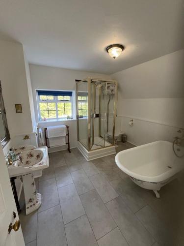 a bathroom with a tub and a shower and a sink at Old Selden Farm B&B in Worthing
