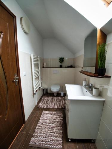 a bathroom with a white sink and a toilet at Armonia Apartment Sibiu in Sibiu