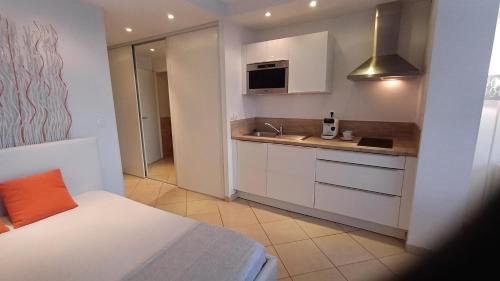 Il comprend une chambre avec un lit et une cuisine avec un évier. dans l'établissement Le cap d'agde quartier naturiste Héliopolis E, au Cap d'Agde