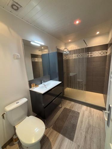 une salle de bain avec toilettes, lavabo et douche dans l'établissement Villa Mignonnette proche de toute commodité, à Le Touquet-Paris-Plage
