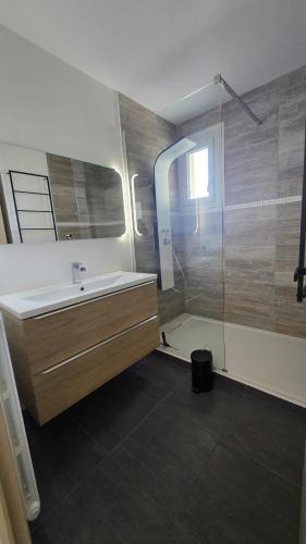 une salle de bain avec un lavabo et une douche dans l'établissement Le Bonaparte, à Aix-les-Bains