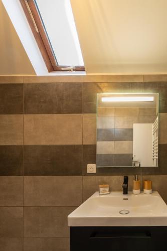 une salle de bain avec un lavabo et un miroir dans l'établissement Maison de ville avec terrasse Proche métro, à Rennes