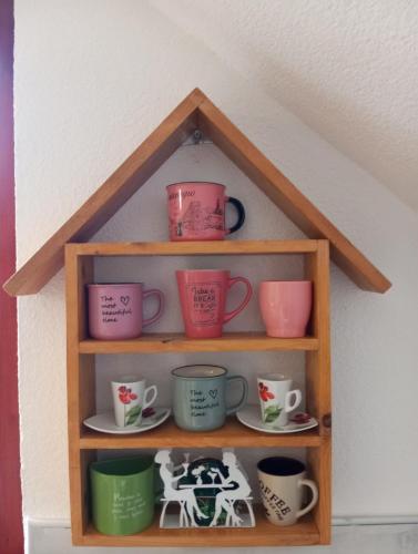 a shelf filled with cups and saucers at Family owned self sufficient ECO farm TARA in Pljevlja