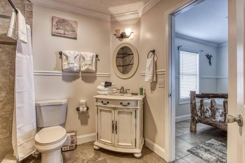 a bathroom with a toilet and a sink and a shower at Top of World in Gatlinburg