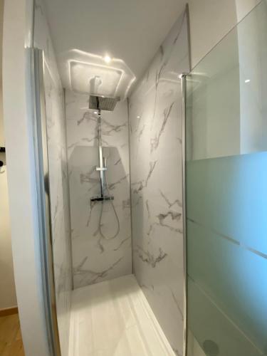 a bathroom with a shower with a glass door at Domaine De Domingeal Meublé de Tourisme 3 étoiles in Saint-Germain-les-Vergnes