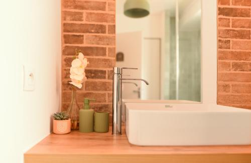 a bathroom with a sink and a brick wall at Oasis Cachée - Jacuzzi et cinéma in Toulouse