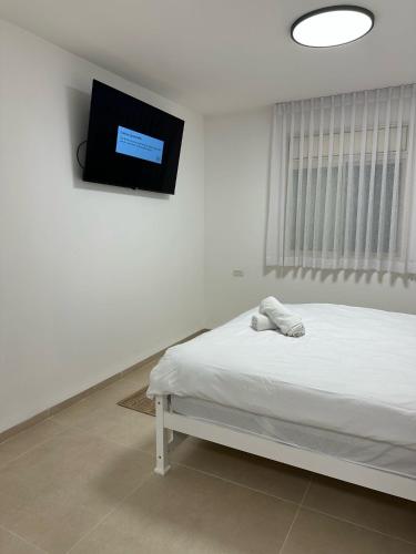 a bedroom with a bed with a tv on the wall at Ocean view - מול הים in Nahariyya
