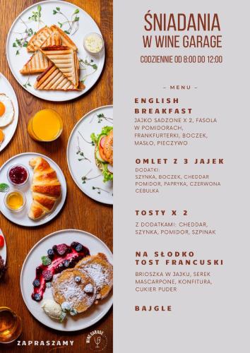 a menu for a restaurant with breakfast foods on plates at Wine Apartments in Kraków