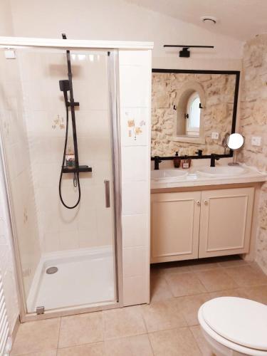 une salle de bain avec une douche, des toilettes et un lavabo dans l'établissement Domaine de la Tour de Pérès, à Ayguetinte