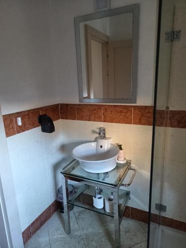 a bathroom with a sink and a mirror at APPARTAMENTO LAKE GARDA ibiscus di Francia in Desenzano del Garda