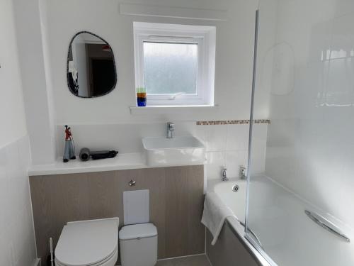a bathroom with a toilet and a sink and a shower at Stylish One Bedroom Apartment in Edinburgh