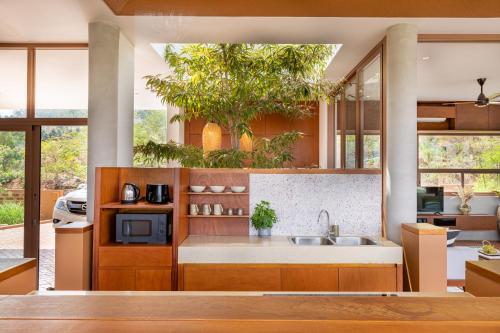 a kitchen with a tree in the middle of it at Amaya Kampot Homestays in Kampot