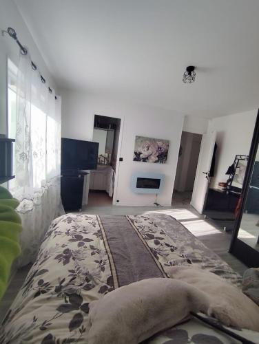 Arnouville-lès-GonesseにあるMaison Meublée 4 chambres proche aéroports Bourget et Roissy CDG et Salon des expositions Villepinteの部屋の中に大きなベッドがある寝室
