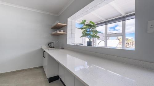 a kitchen with a white counter and a window at The Famous Bokaap Villa in Cape Town