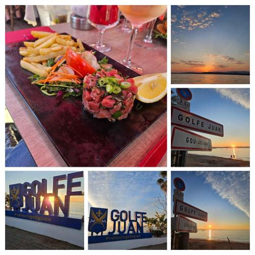 a collage of pictures with a plate of food and drinks at Le Stellamar , proche de la mer in Vallauris