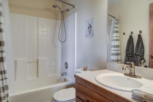 a bathroom with a sink and a toilet and a shower at Silverheels Mountain Lodge w hot tub in Fairplay