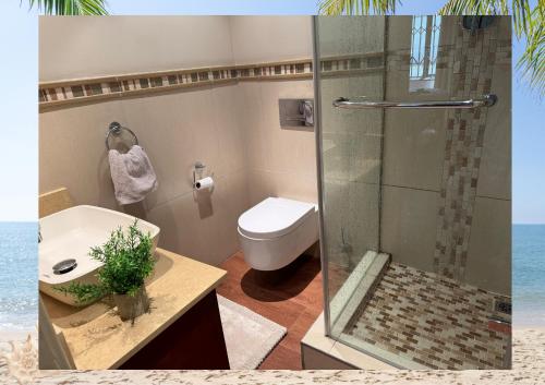 a bathroom with a shower and a sink and a toilet at Chakas One in Ballito