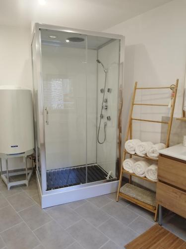 une douche avec une porte vitrée dans une salle de bain dans l'établissement Mon petit coin de Boulogne - Maison avec terrasse, à Boulogne-sur-Mer
