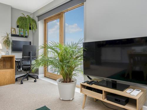 a living room with a large television and a plant at Luxury Loft Living Free Parking - Pass the Keys in Brighton & Hove