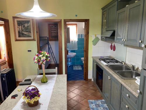 a kitchen with a sink and a counter with flowers on it at Rifugio Tavolara in San Teodoro
