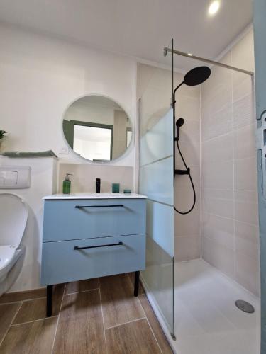 La salle de bains est pourvue d'une coiffeuse bleue et d'une douche. dans l'établissement Résidence Richelieu, à Montauban