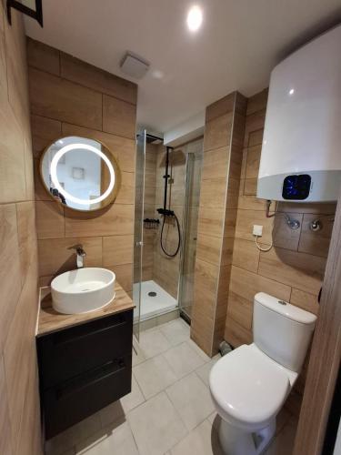 une salle de bain avec toilettes, lavabo et douche dans l'établissement Calme et accueillant studio, à Beauvais