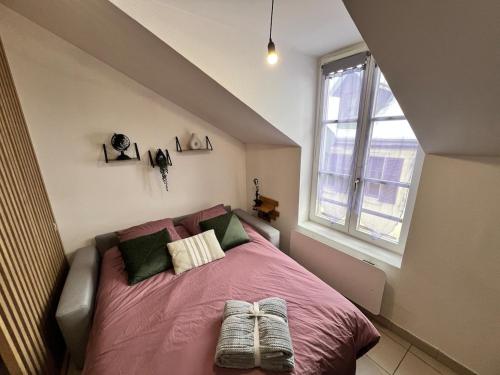 a bedroom with a pink bed with pillows and a window at Charmant appart T2 tout équipé in Montbéliard