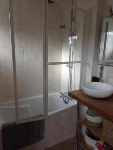 une salle de bain avec une douche, un lavabo et une baignoire dans l'établissement Duplex vue sur mer, à Penthièvre