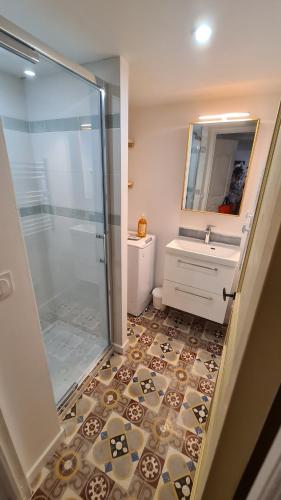 une salle de bain avec une douche, un lavabo et un miroir dans l'établissement Ambiance bois proche vieux port, T2 de caractère, à La Ciotat