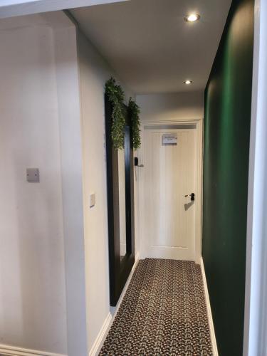 a hallway with a green wall and a mirror at Posyrooms in Manchester
