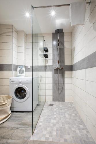 La salle de bains est pourvue d'un lave-linge et d'une douche. dans l'établissement Gîte 